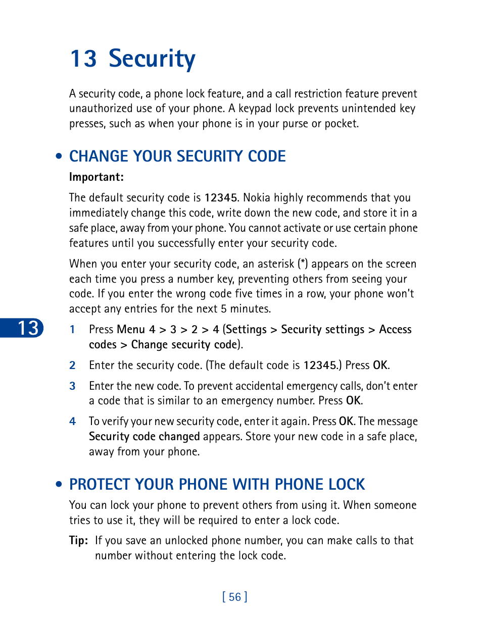 13 security, Change your security code, Protect your phone with phone lock | Nokia 3285 User Manual | Page 65 / 145