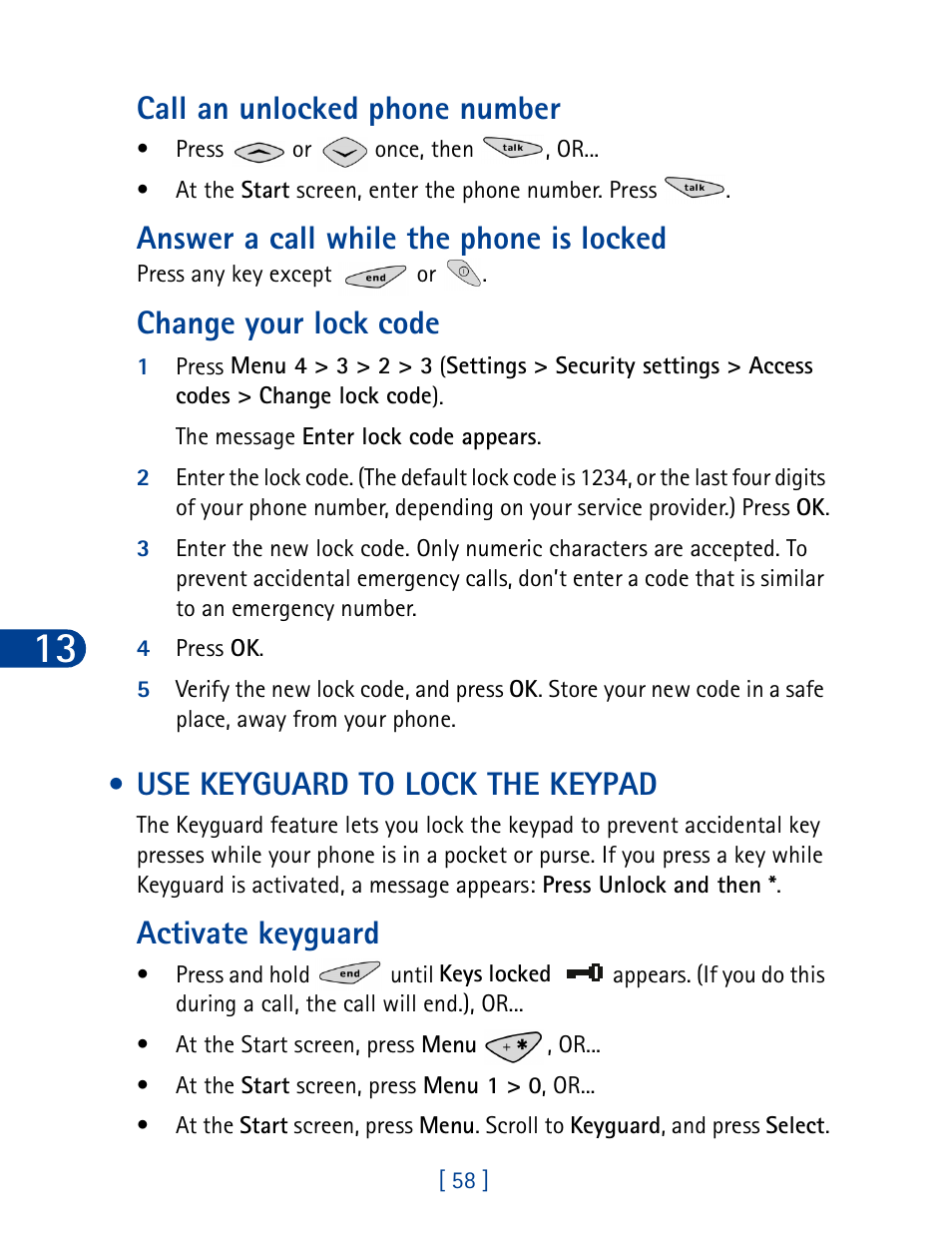Use keyguard to lock the keypad, Call an unlocked phone number, Answer a call while the phone is locked | Change your lock code, Activate keyguard | Nokia 3285 User Manual | Page 67 / 145
