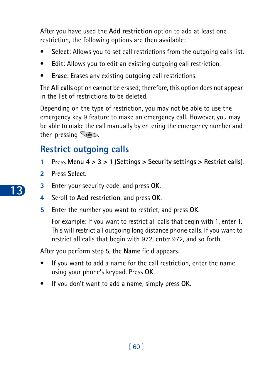 Restrict outgoing calls | Nokia 3285 User Manual | Page 69 / 145