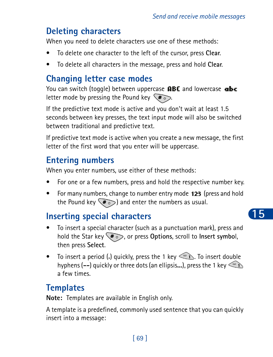 Deleting characters, Changing letter case modes, Entering numbers | Inserting special characters, Templates | Nokia 3285 User Manual | Page 78 / 145