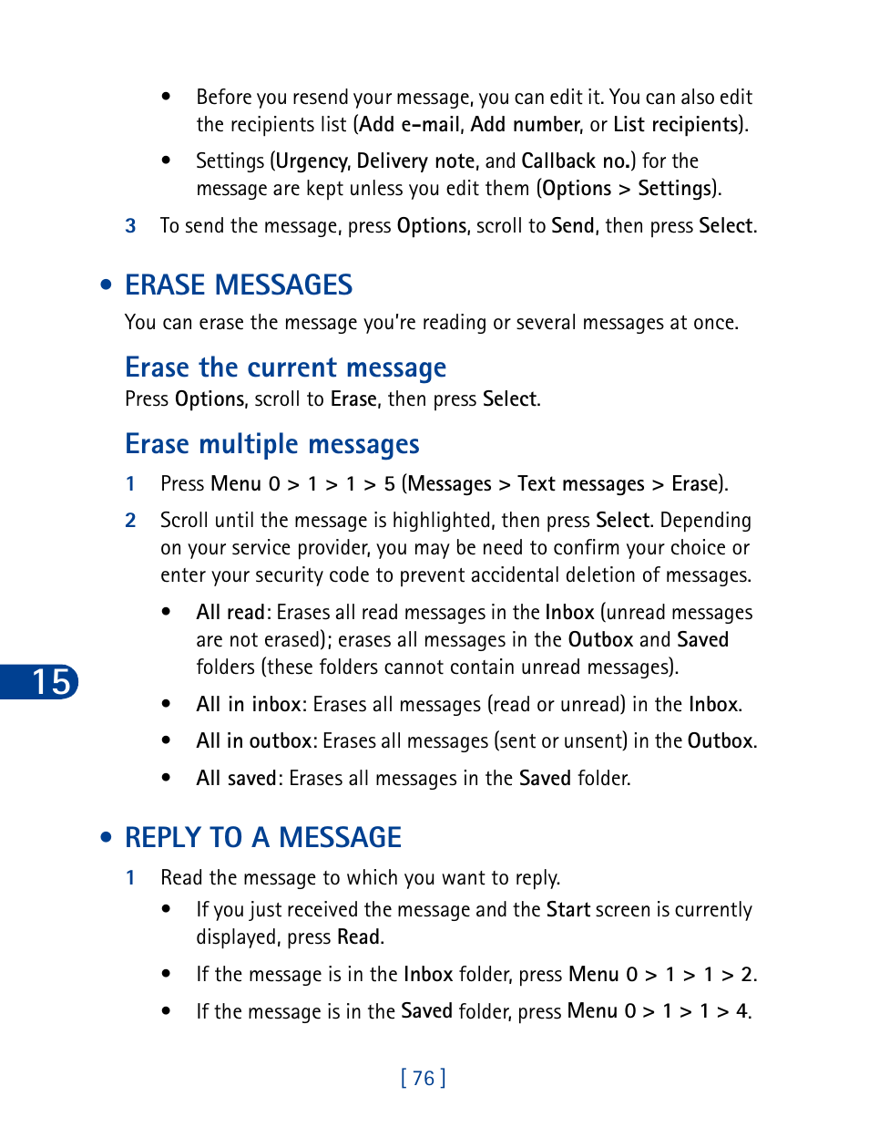 Erase messages, Reply to a message, Erase messages reply to a message | Erase the current message, Erase multiple messages | Nokia 3285 User Manual | Page 85 / 145