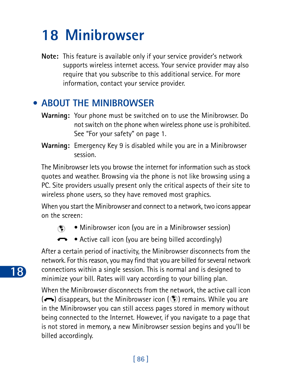 18 minibrowser, About the minibrowser | Nokia 3285 User Manual | Page 95 / 145
