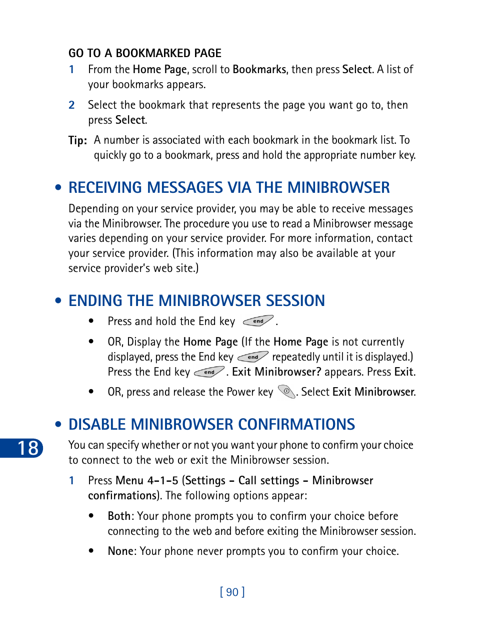 Receiving messages via the minibrowser, Ending the minibrowser session, Disable minibrowser confirmations | Nokia 3285 User Manual | Page 99 / 145