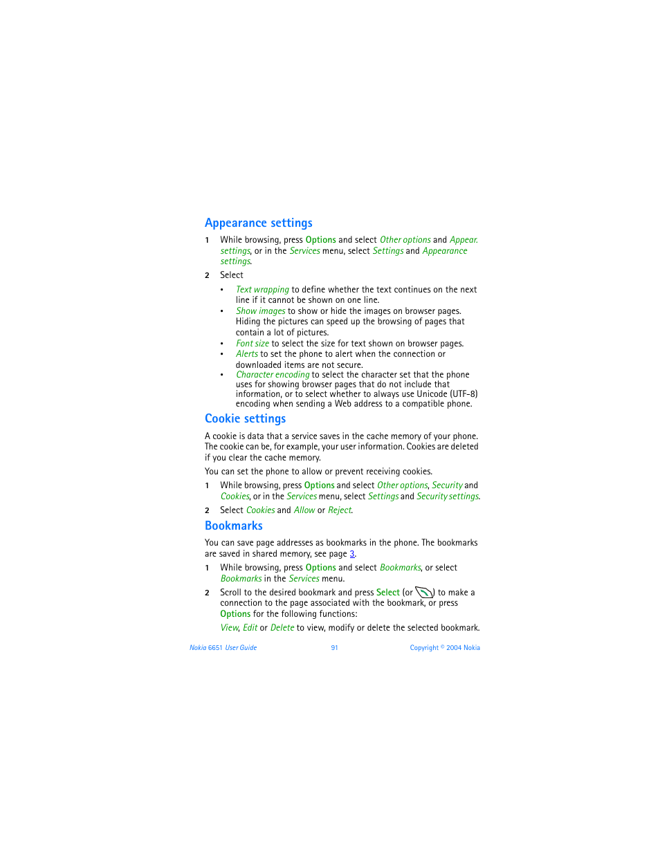 Appearance settings, Cookie settings, Bookmarks | Appearance settings cookie settings bookmarks | Nokia 6651 User Manual | Page 101 / 130