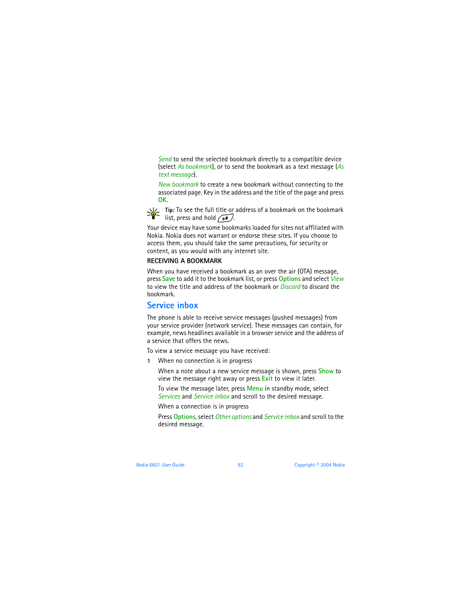 Service inbox | Nokia 6651 User Manual | Page 102 / 130