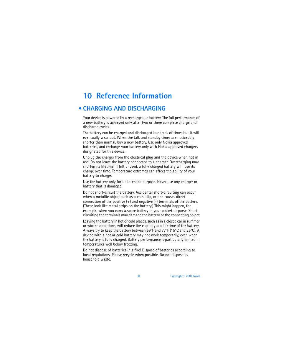 10 reference information, Charging and discharging | Nokia 6651 User Manual | Page 108 / 130