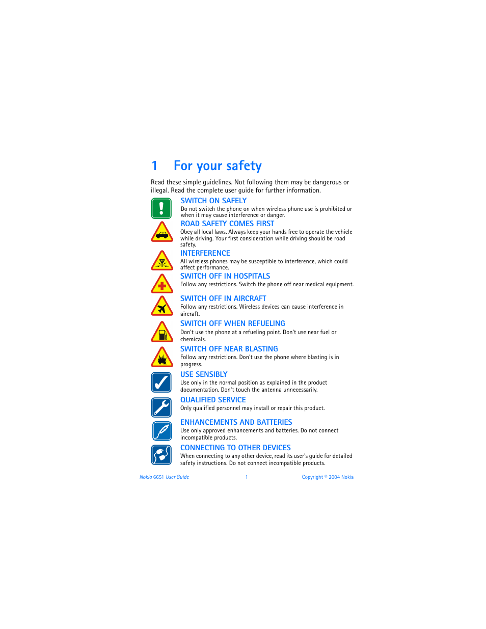 1 for your safety, For your safety, 1for your safety | Nokia 6651 User Manual | Page 11 / 130