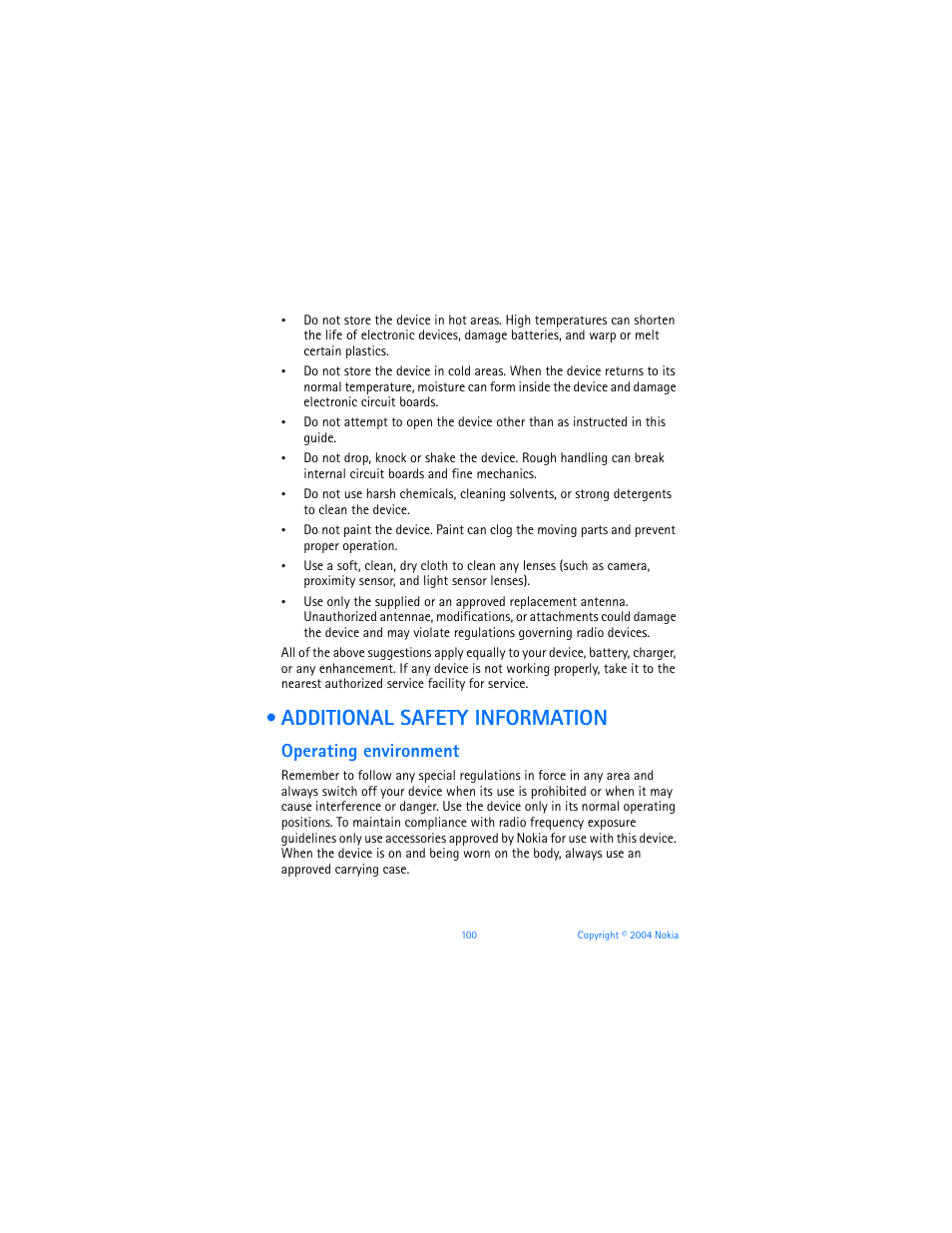 Additional safety information, Operating environment | Nokia 6651 User Manual | Page 110 / 130
