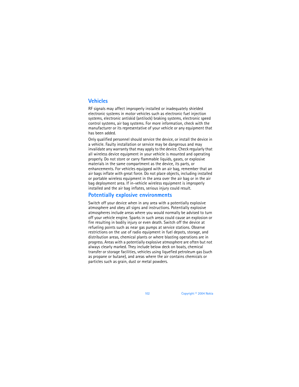 Vehicles, Potentially explosive environments, Vehicles potentially explosive environments | Nokia 6651 User Manual | Page 112 / 130