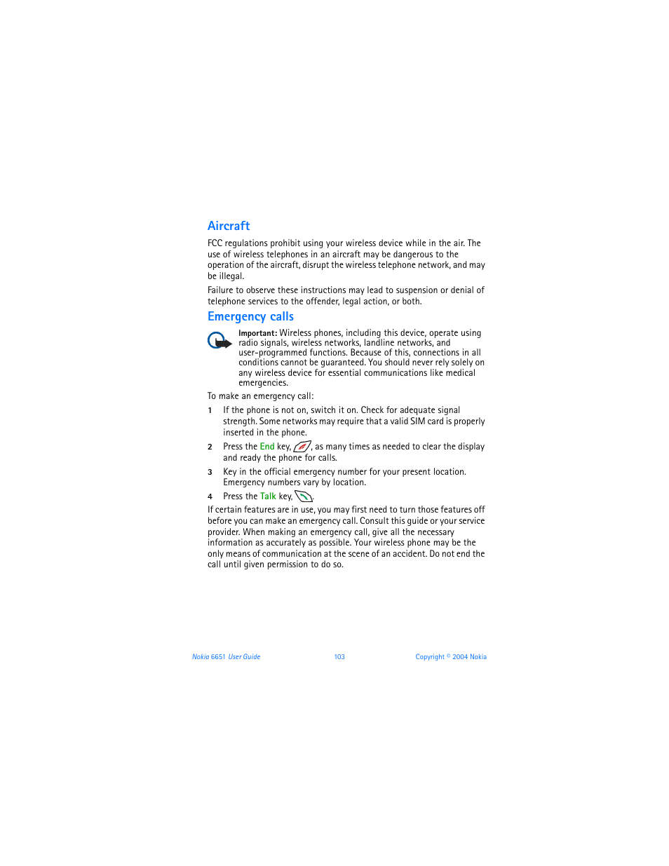 Aircraft, Emergency calls, Aircraft emergency calls | Nokia 6651 User Manual | Page 113 / 130