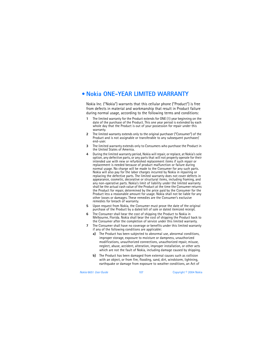 Nokia one-year limited warranty | Nokia 6651 User Manual | Page 117 / 130