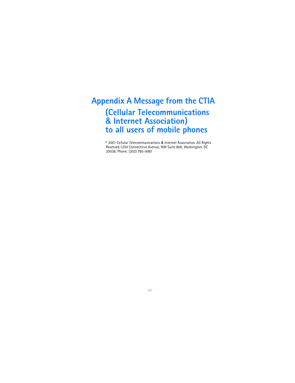 Appendix a message from the ctia | Nokia 6651 User Manual | Page 121 / 130