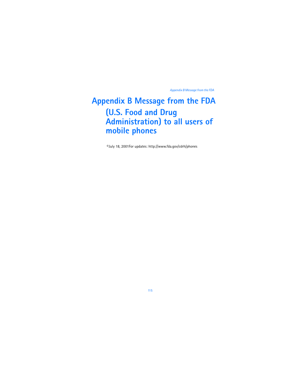 Appendix b message from the fda | Nokia 6651 User Manual | Page 125 / 130