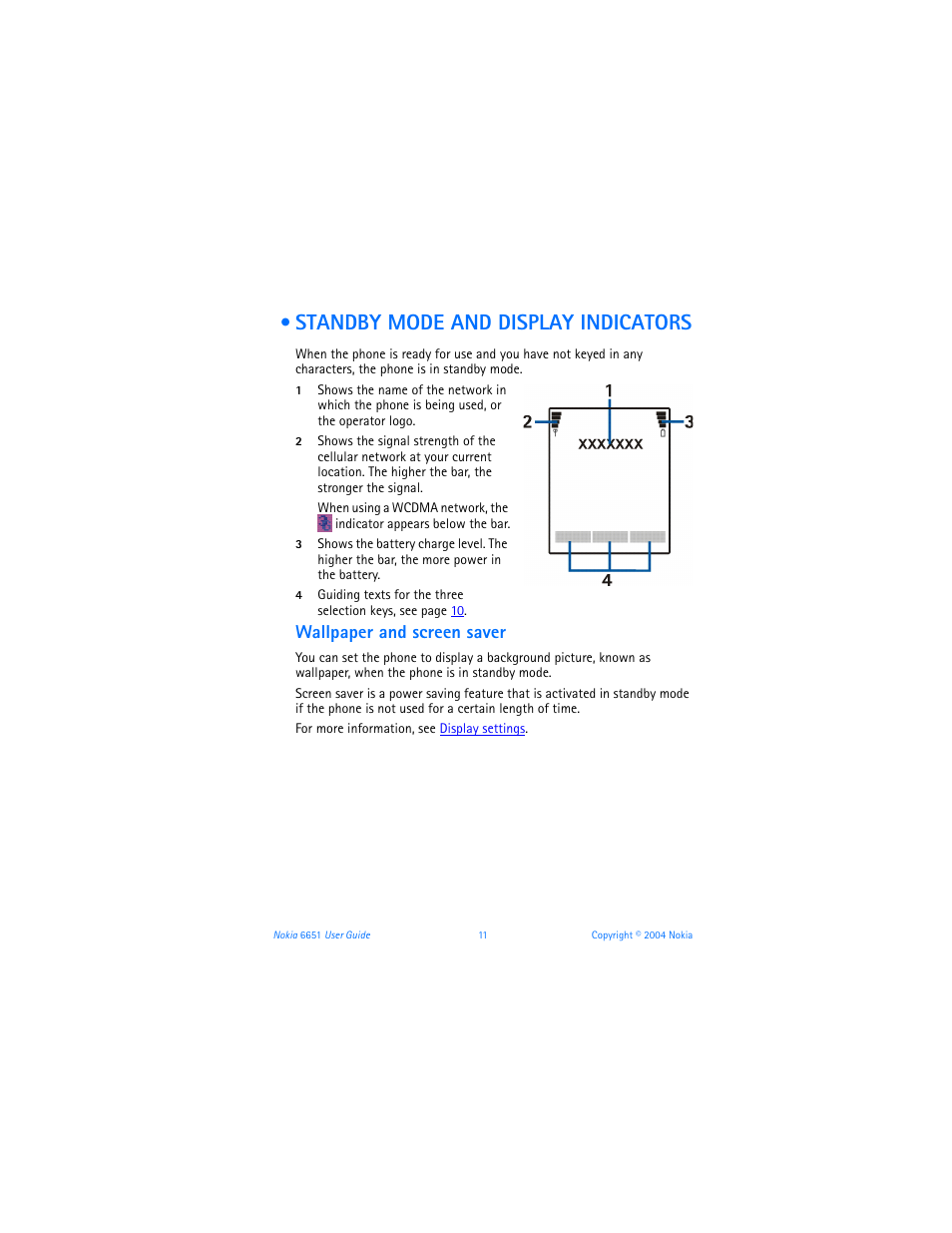 Standby mode and display indicators, Wallpaper and screen saver | Nokia 6651 User Manual | Page 21 / 130