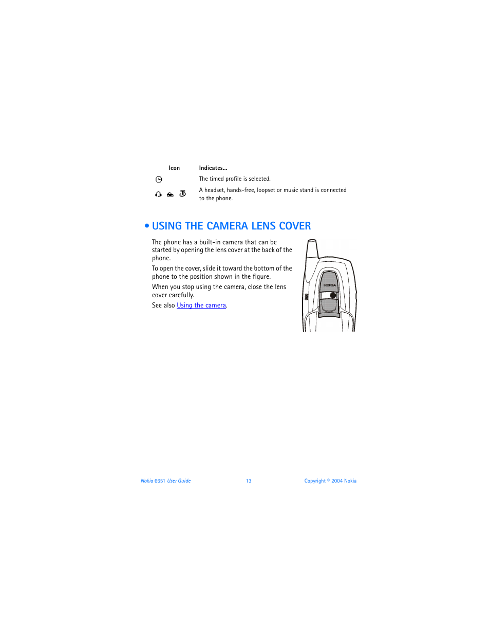 Using the camera lens cover | Nokia 6651 User Manual | Page 23 / 130