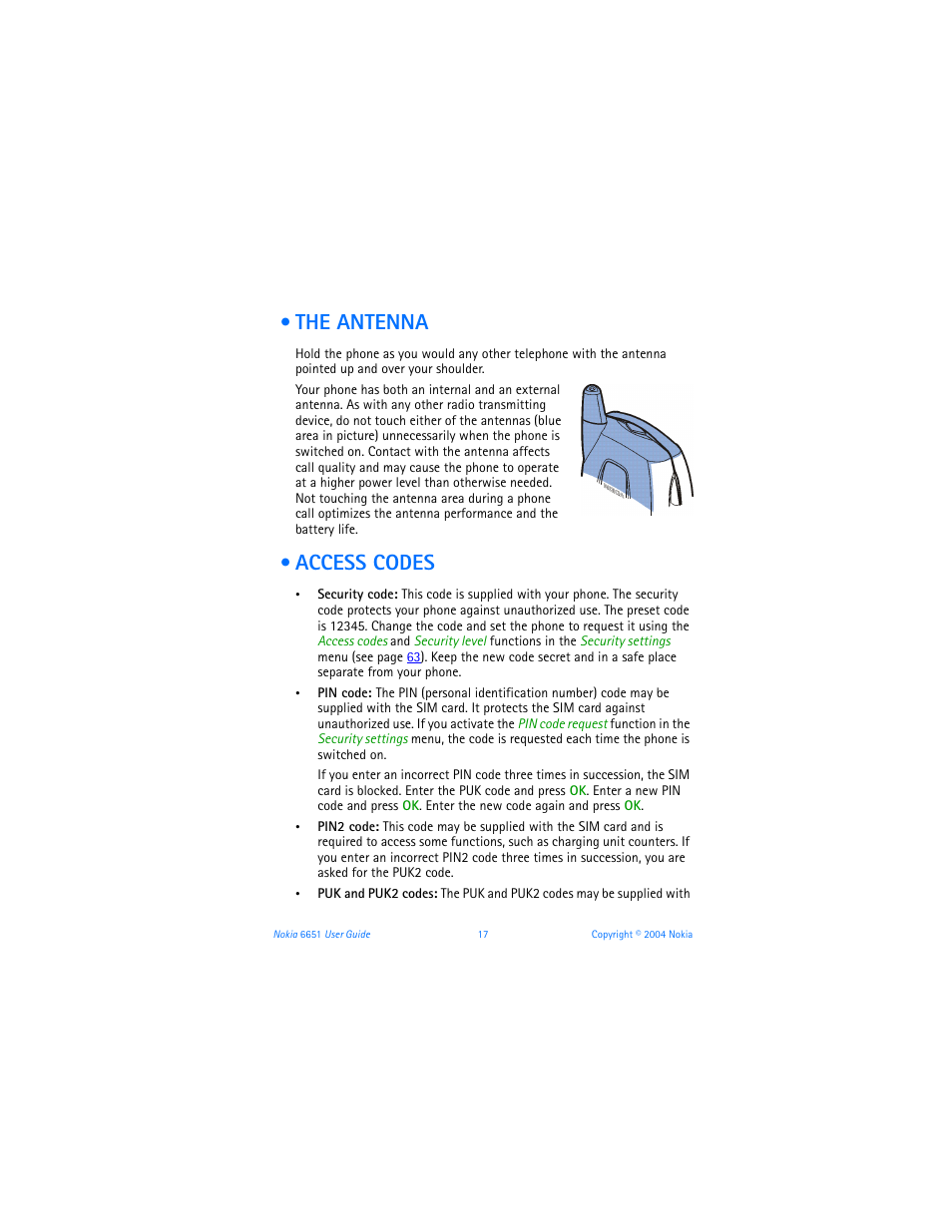The antenna, Access codes, The antenna access codes | Nokia 6651 User Manual | Page 27 / 130