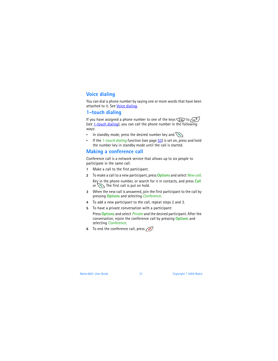 Voice dialing, Touch dialing, Making a conference call | Hold | Nokia 6651 User Manual | Page 31 / 130