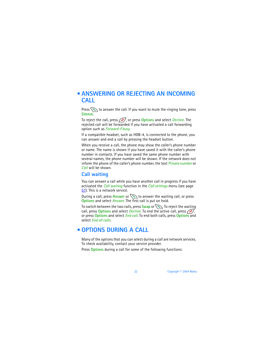 Answering or rejecting an incoming call, Call waiting, Options during a call | Nokia 6651 User Manual | Page 32 / 130