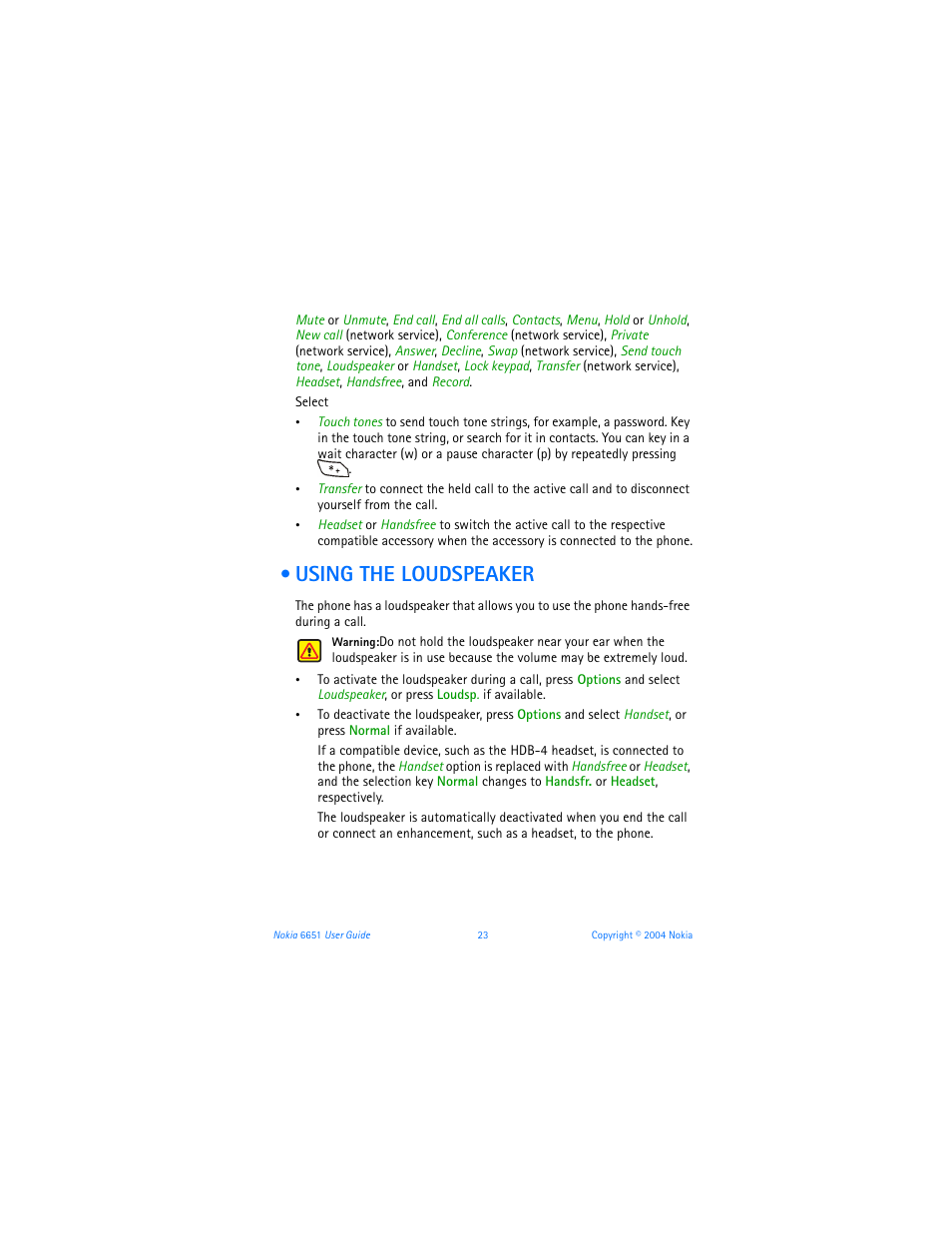 Using the loudspeaker | Nokia 6651 User Manual | Page 33 / 130