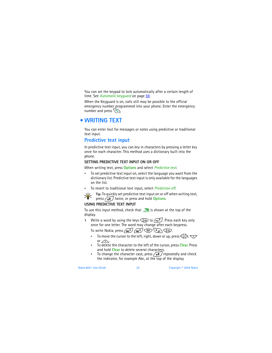 Writing text, Predictive text input, Writing text predictive text input | Nokia 6651 User Manual | Page 35 / 130