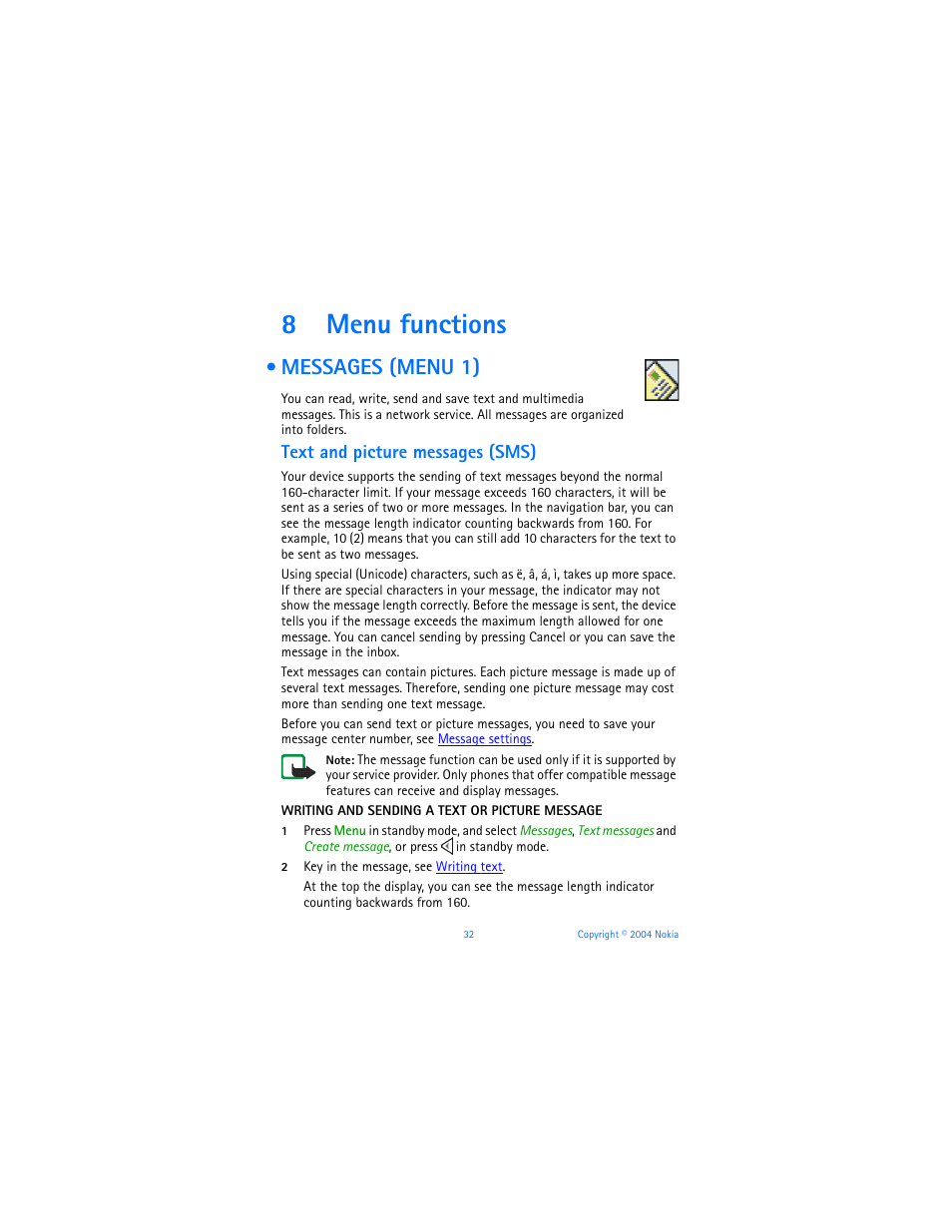 8 menu functions, Messages (menu 1), Text and picture messages (sms) | Menu functions, Messages (menu 1) text and picture messages (sms), 8menu functions | Nokia 6651 User Manual | Page 42 / 130
