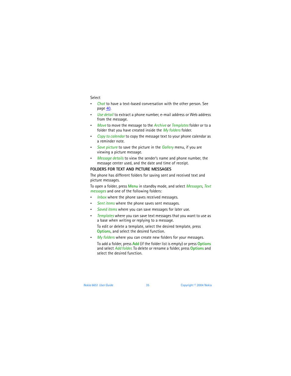 Folders for text and picture messages | Nokia 6651 User Manual | Page 45 / 130