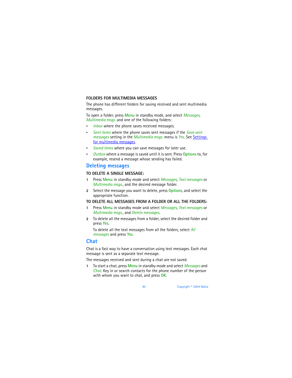 Deleting messages, Chat, Deleting messages chat | Nokia 6651 User Manual | Page 50 / 130