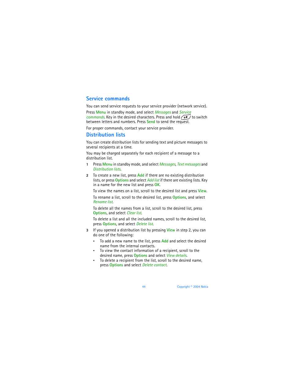 Service commands, Distribution lists, Service commands distribution lists | Nokia 6651 User Manual | Page 54 / 130