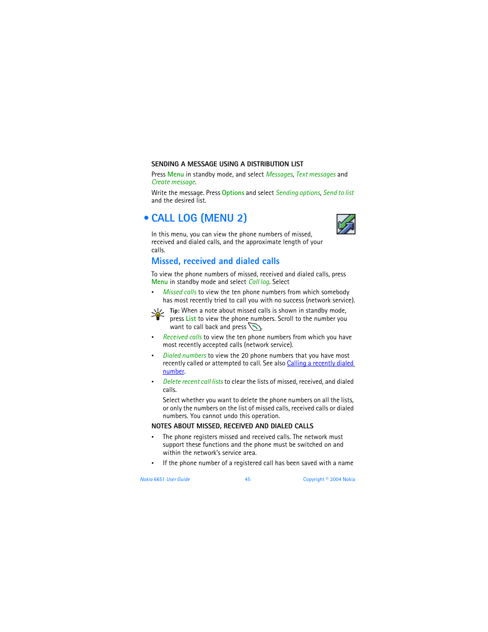 Call log (menu 2), Missed, received and dialed calls | Nokia 6651 User Manual | Page 55 / 130