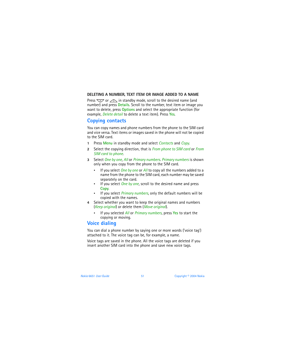 Copying contacts, Voice dialing, Copying contacts voice dialing | Or to | Nokia 6651 User Manual | Page 61 / 130