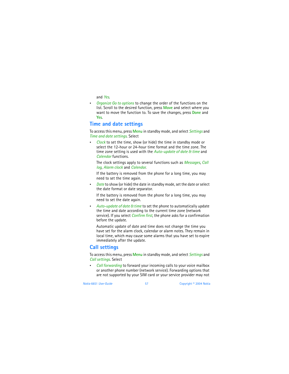 Time and date settings, Call settings, Time and date settings call settings | Nokia 6651 User Manual | Page 67 / 130