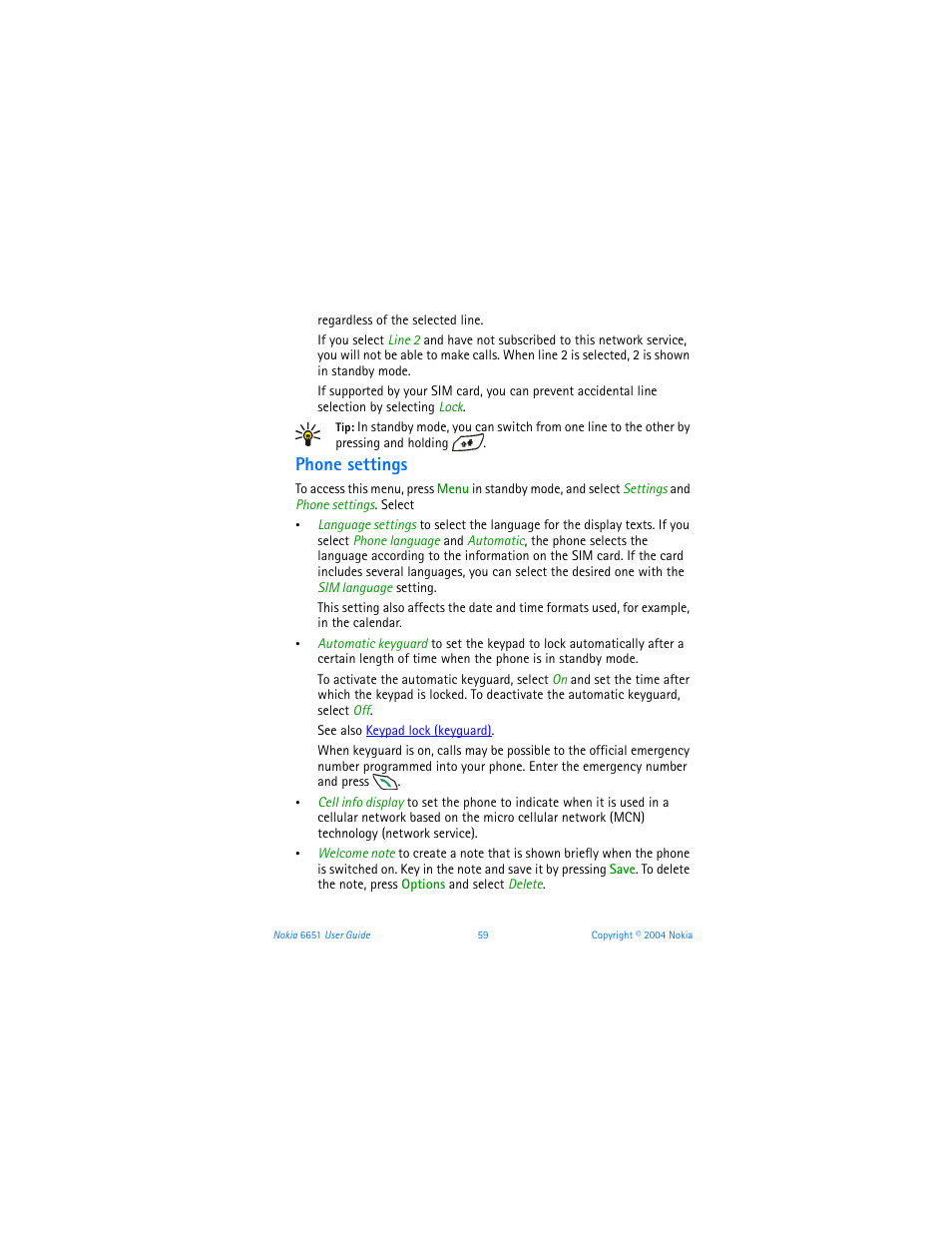 Phone settings | Nokia 6651 User Manual | Page 69 / 130