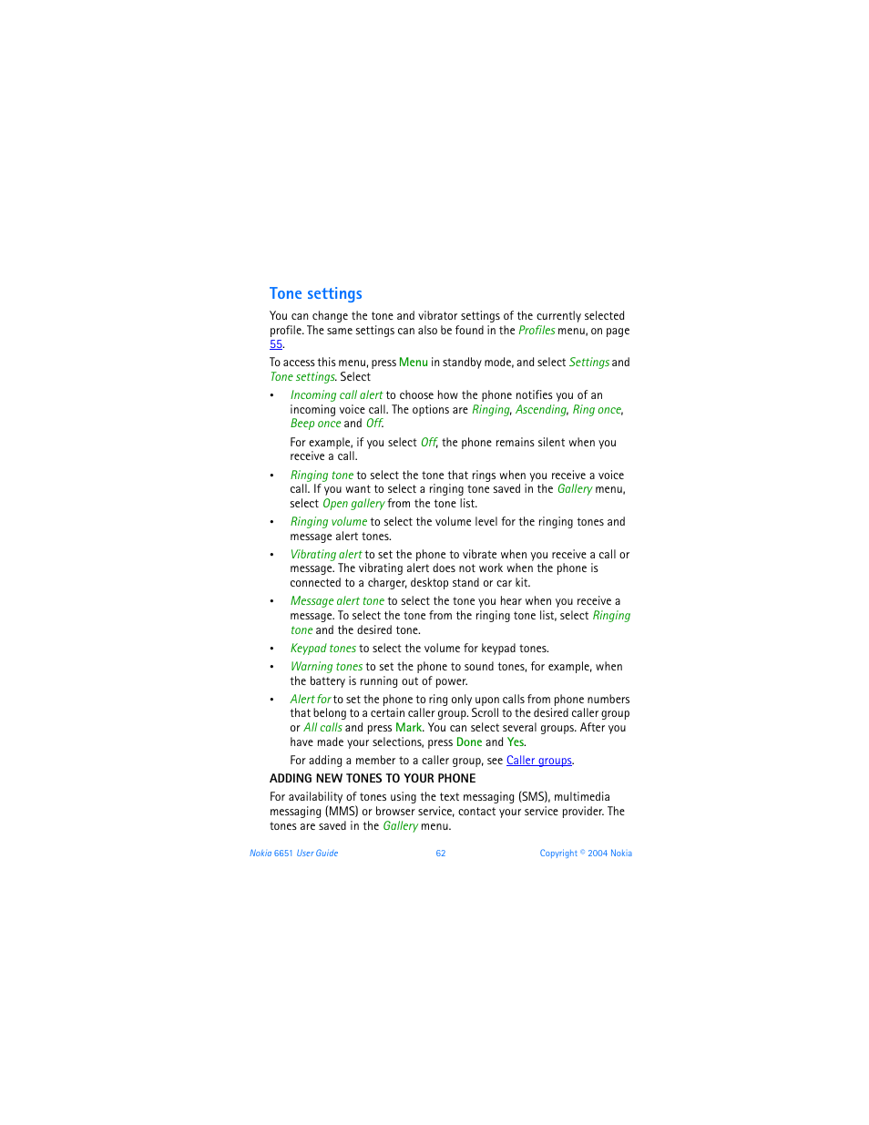 Tone settings | Nokia 6651 User Manual | Page 72 / 130