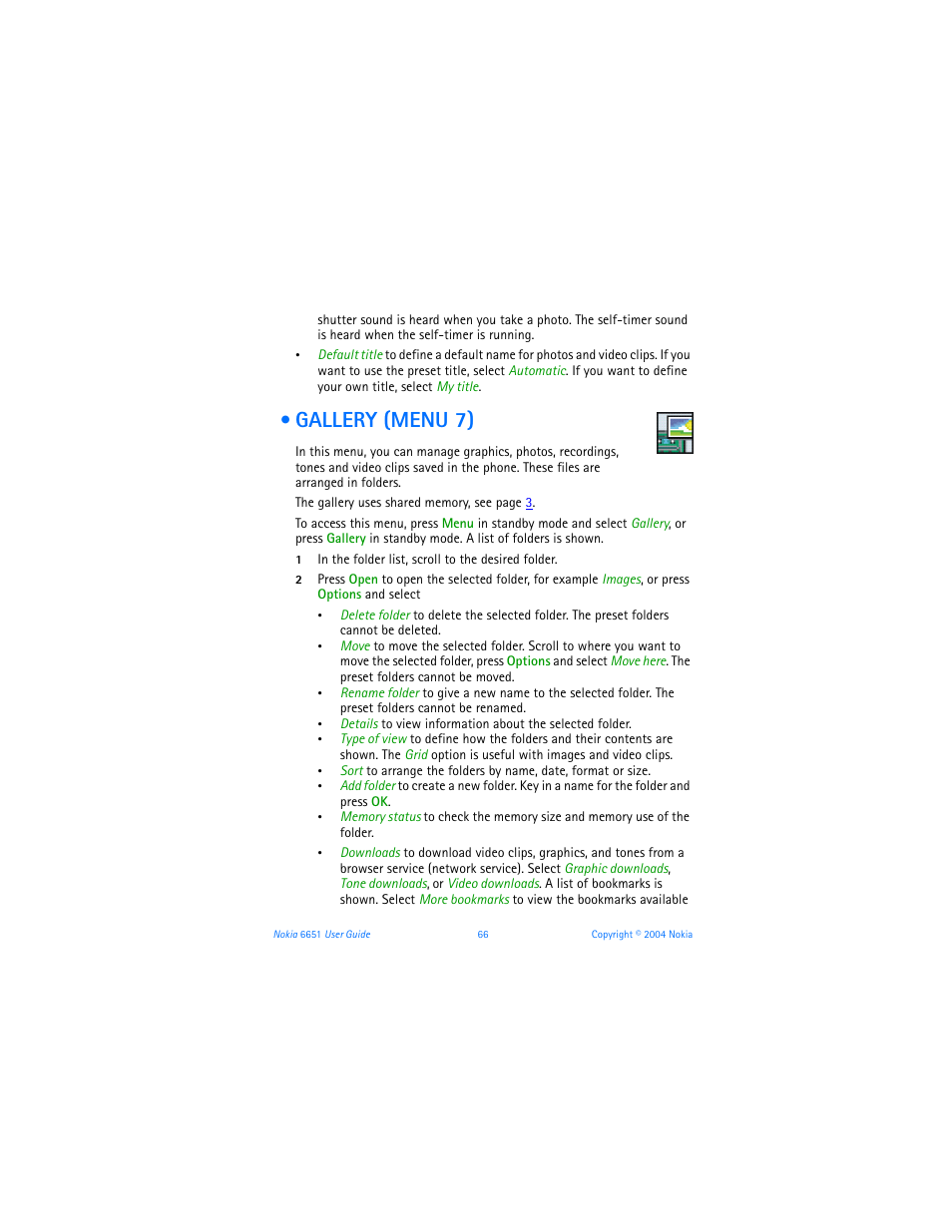 Gallery (menu 7) | Nokia 6651 User Manual | Page 76 / 130
