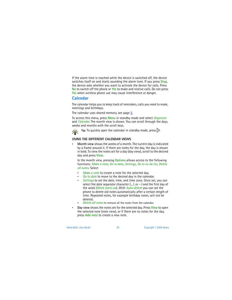 Calendar | Nokia 6651 User Manual | Page 80 / 130