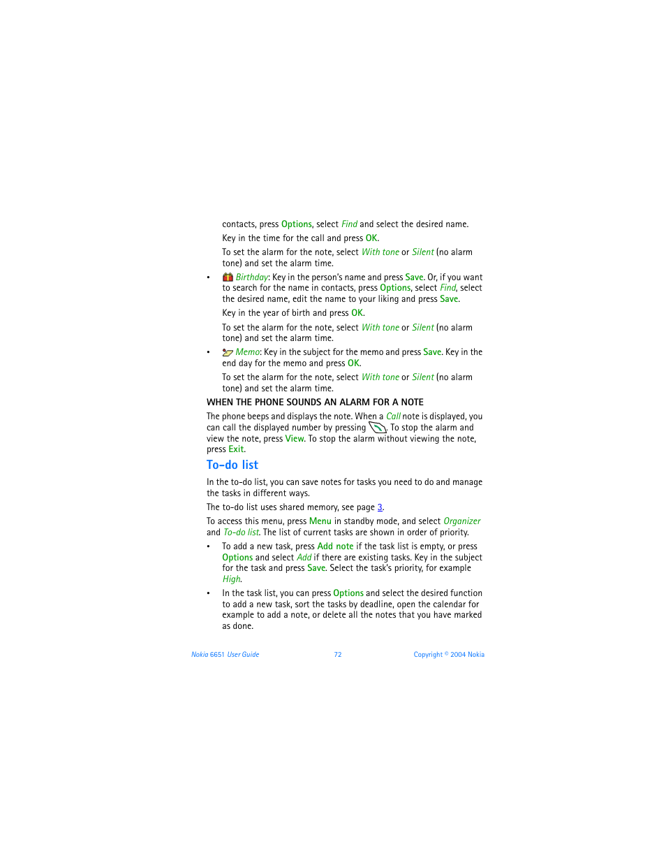To-do list | Nokia 6651 User Manual | Page 82 / 130