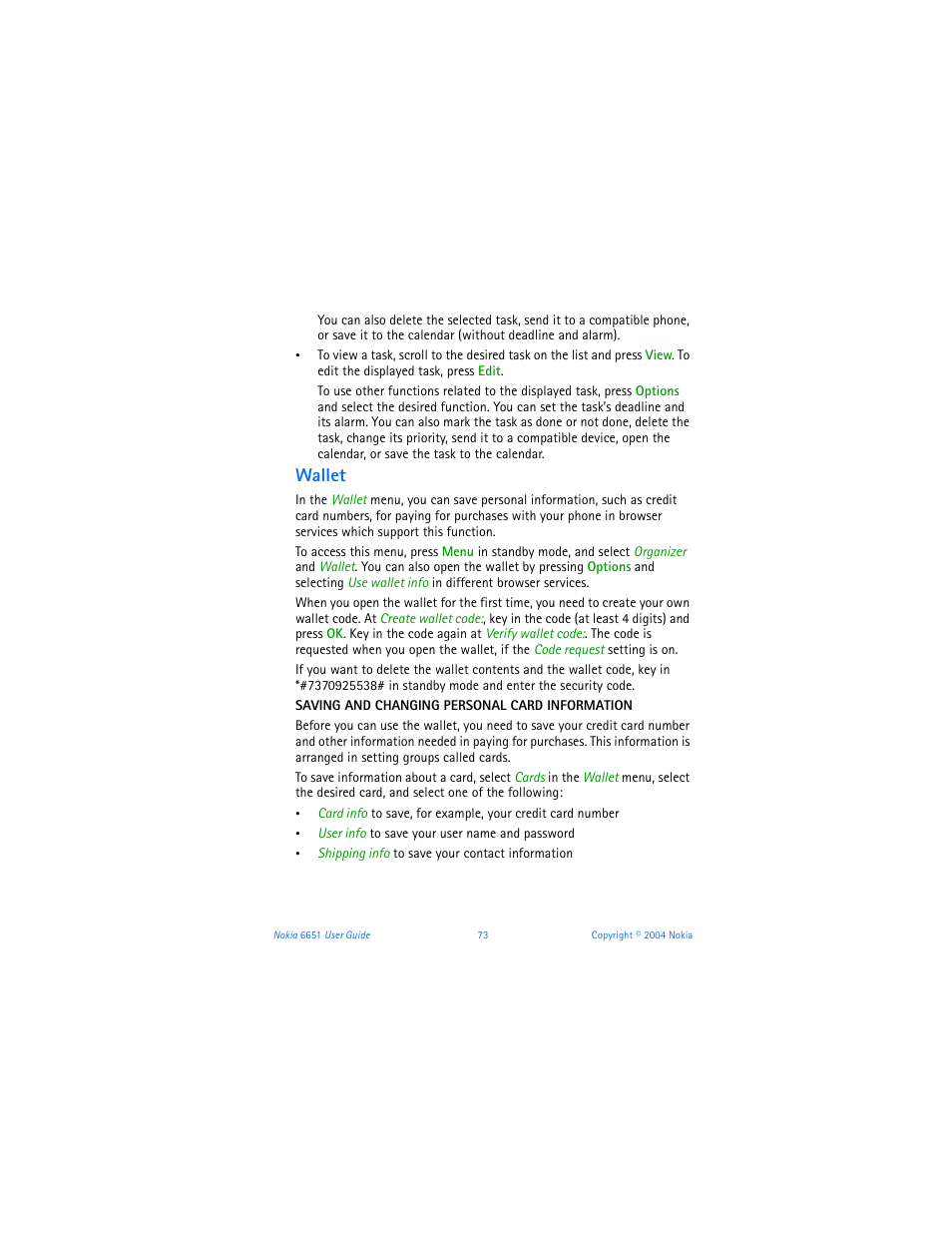 Wallet | Nokia 6651 User Manual | Page 83 / 130