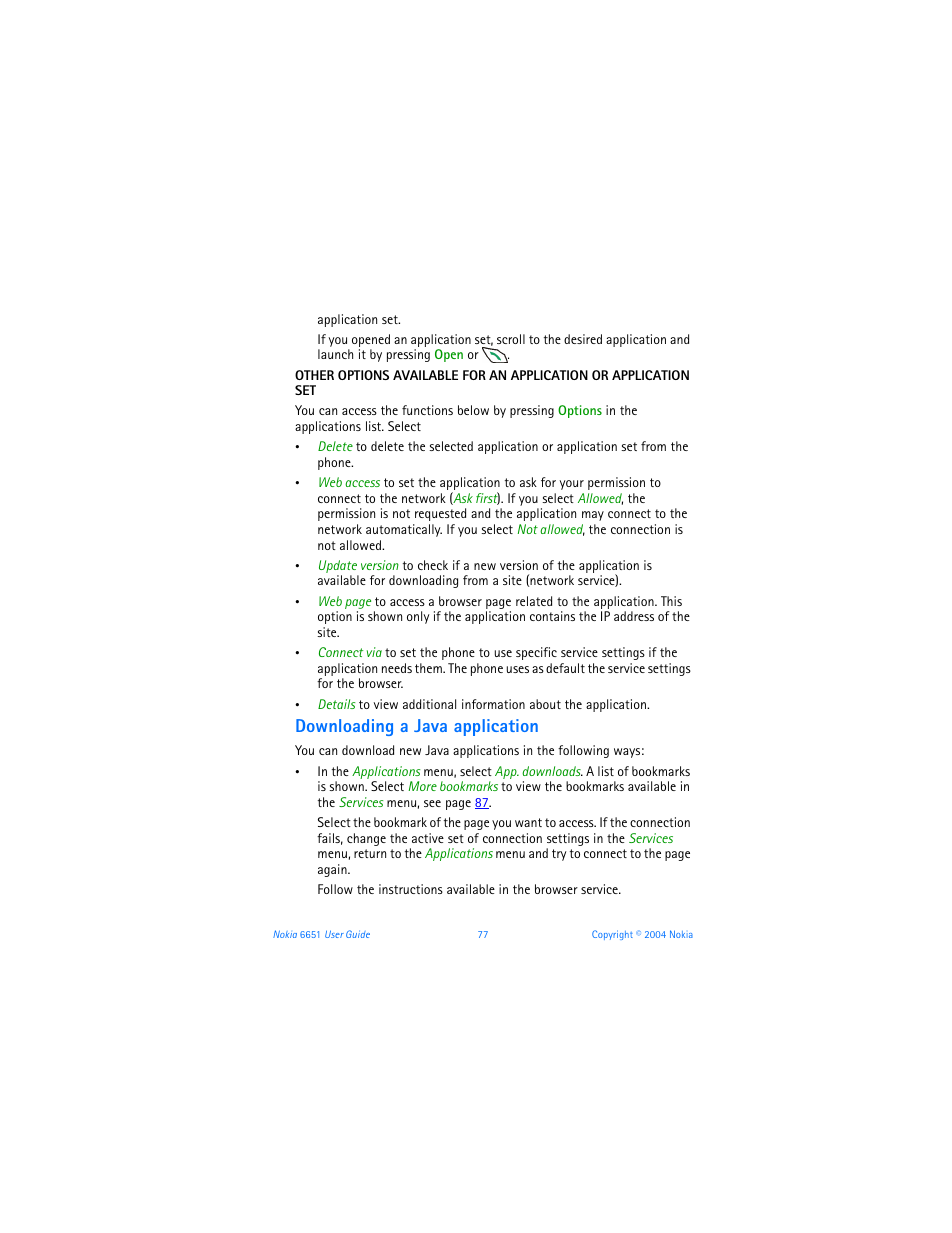 Downloading a java application, List, see | Nokia 6651 User Manual | Page 87 / 130