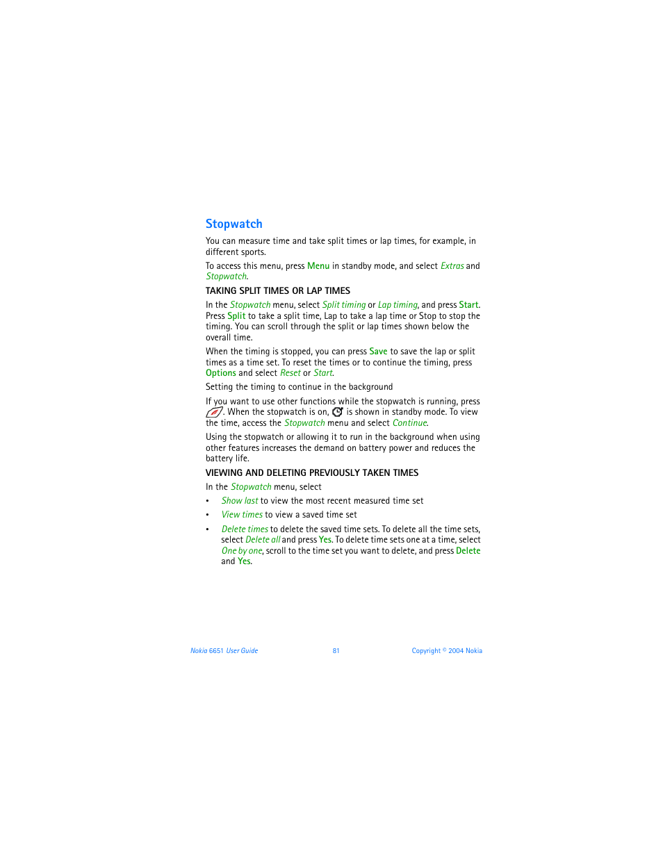 Stopwatch | Nokia 6651 User Manual | Page 91 / 130