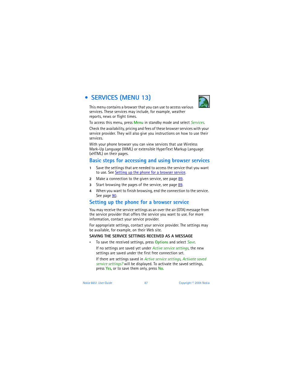 Services (menu 13), Setting up the phone for a browser service | Nokia 6651 User Manual | Page 97 / 130