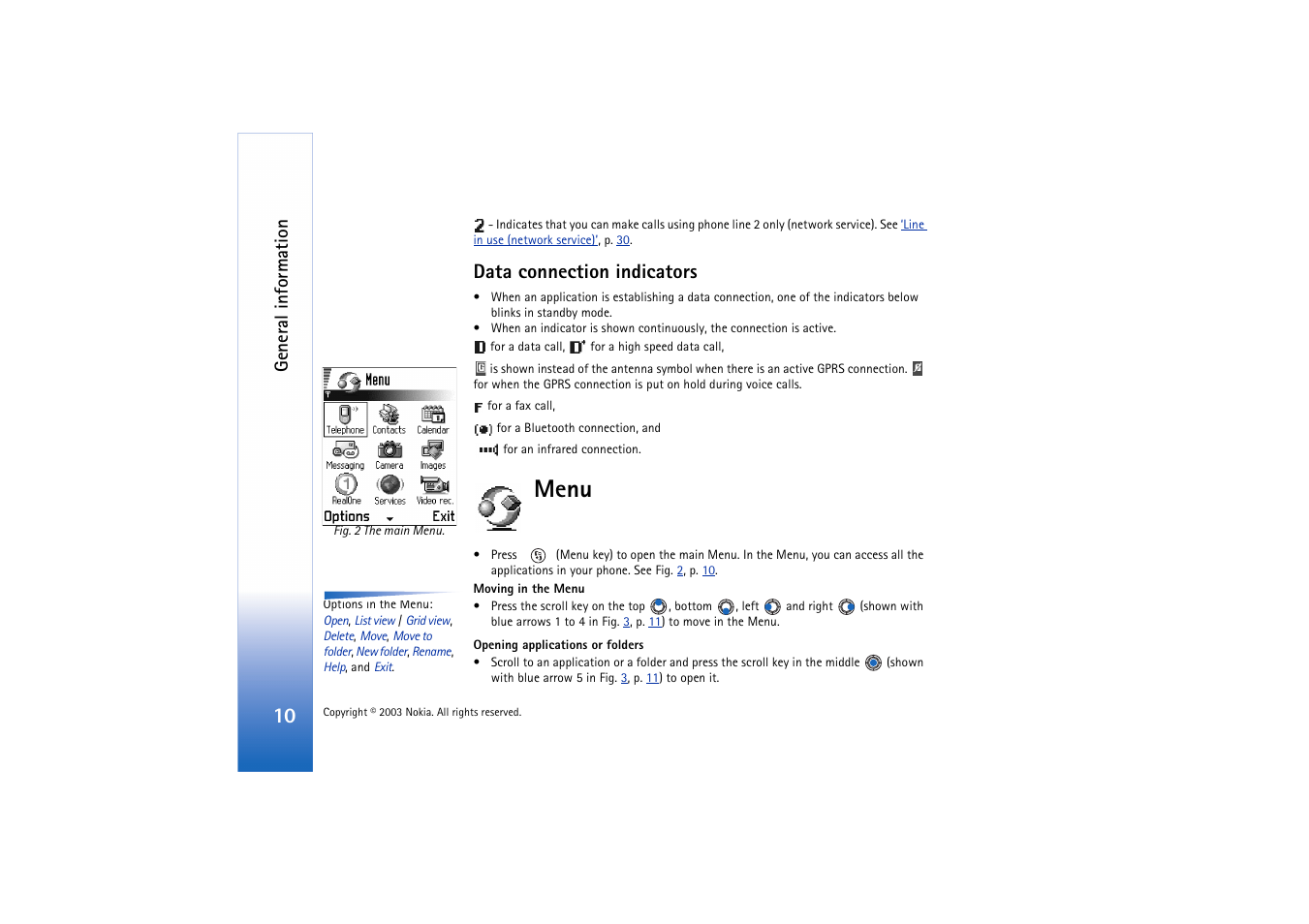 Data connection indicators, Menu | Nokia 3660 User Manual | Page 10 / 157