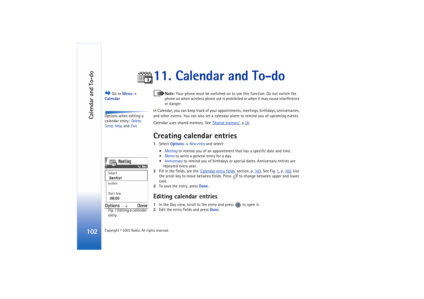 Calendar and to-do, Creating calendar entries, Editing calendar entries | Nokia 3660 User Manual | Page 102 / 157