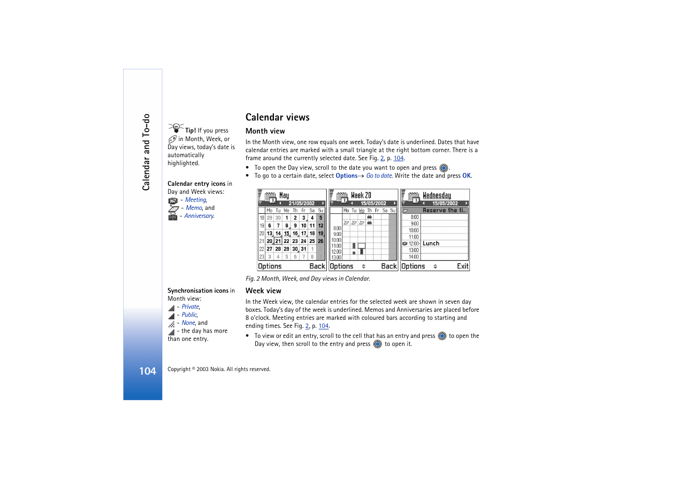Calendar views, Calendar and to-do | Nokia 3660 User Manual | Page 104 / 157