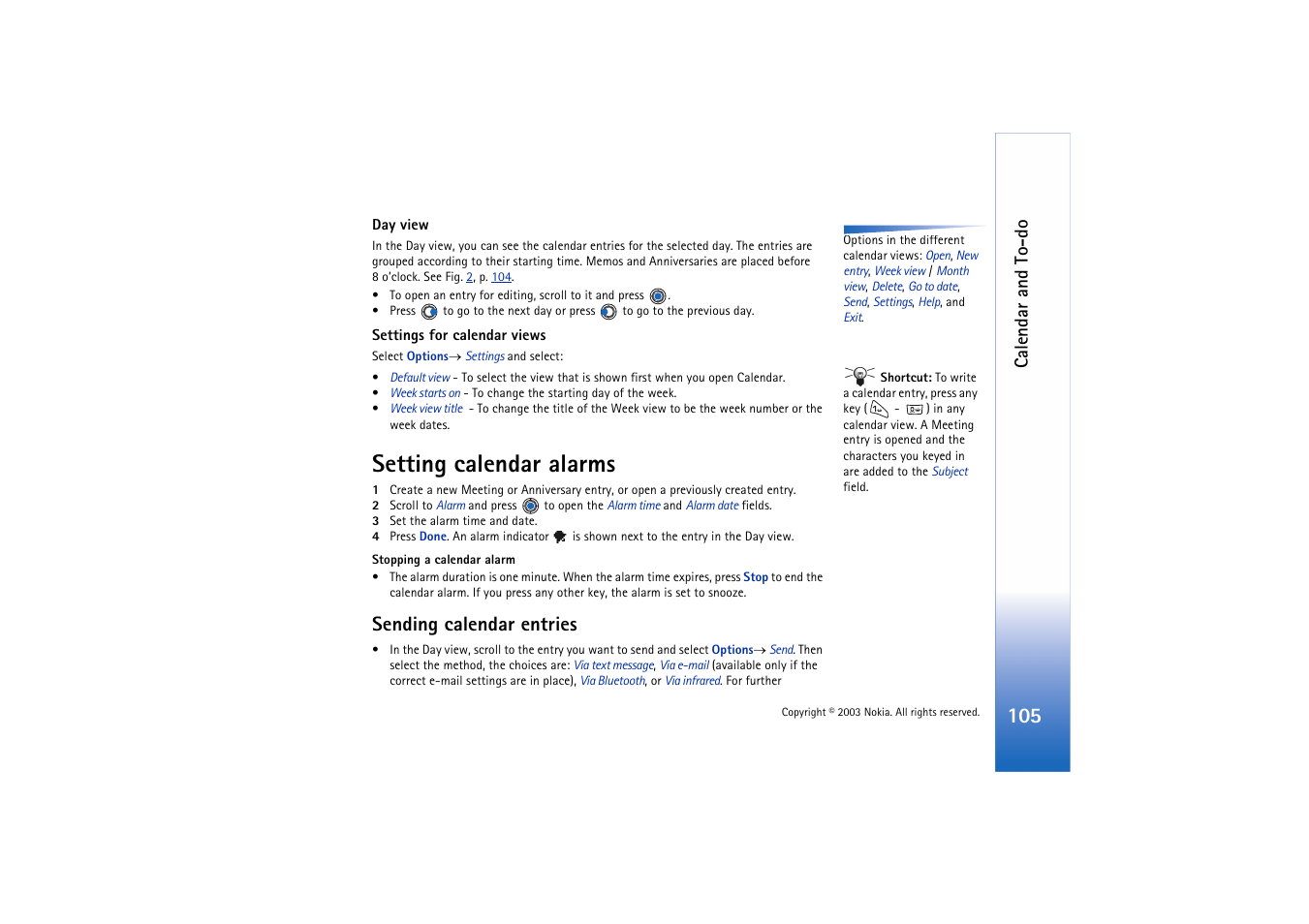 Setting calendar alarms, Sending calendar entries, Calendar and to-do | Nokia 3660 User Manual | Page 105 / 157