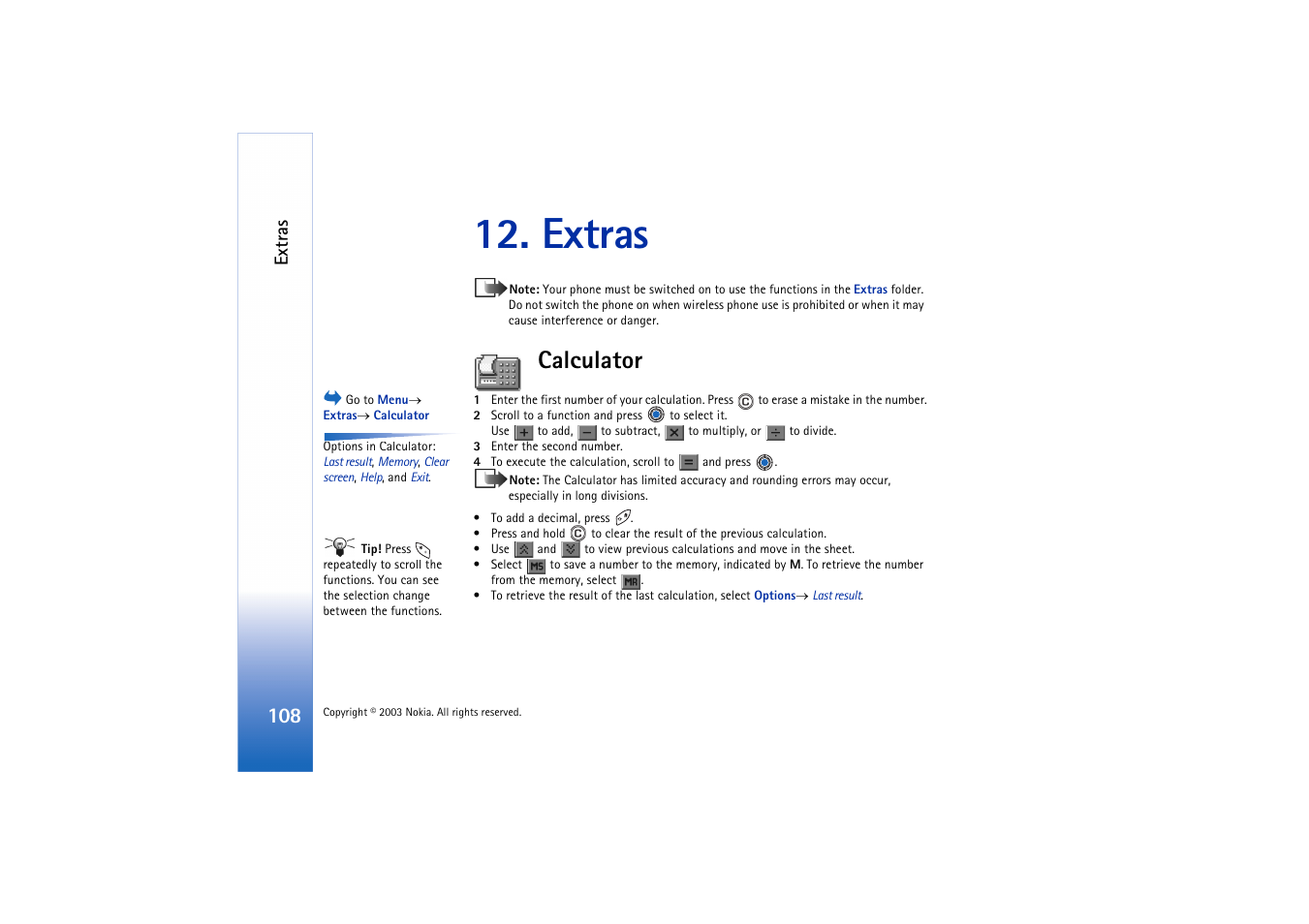 Extras, Calculator | Nokia 3660 User Manual | Page 108 / 157