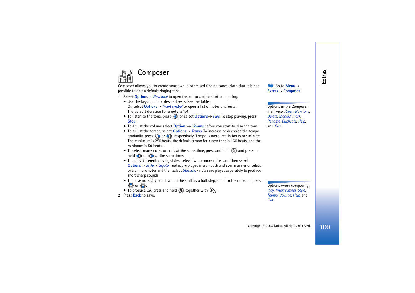 Composer, Extras | Nokia 3660 User Manual | Page 109 / 157
