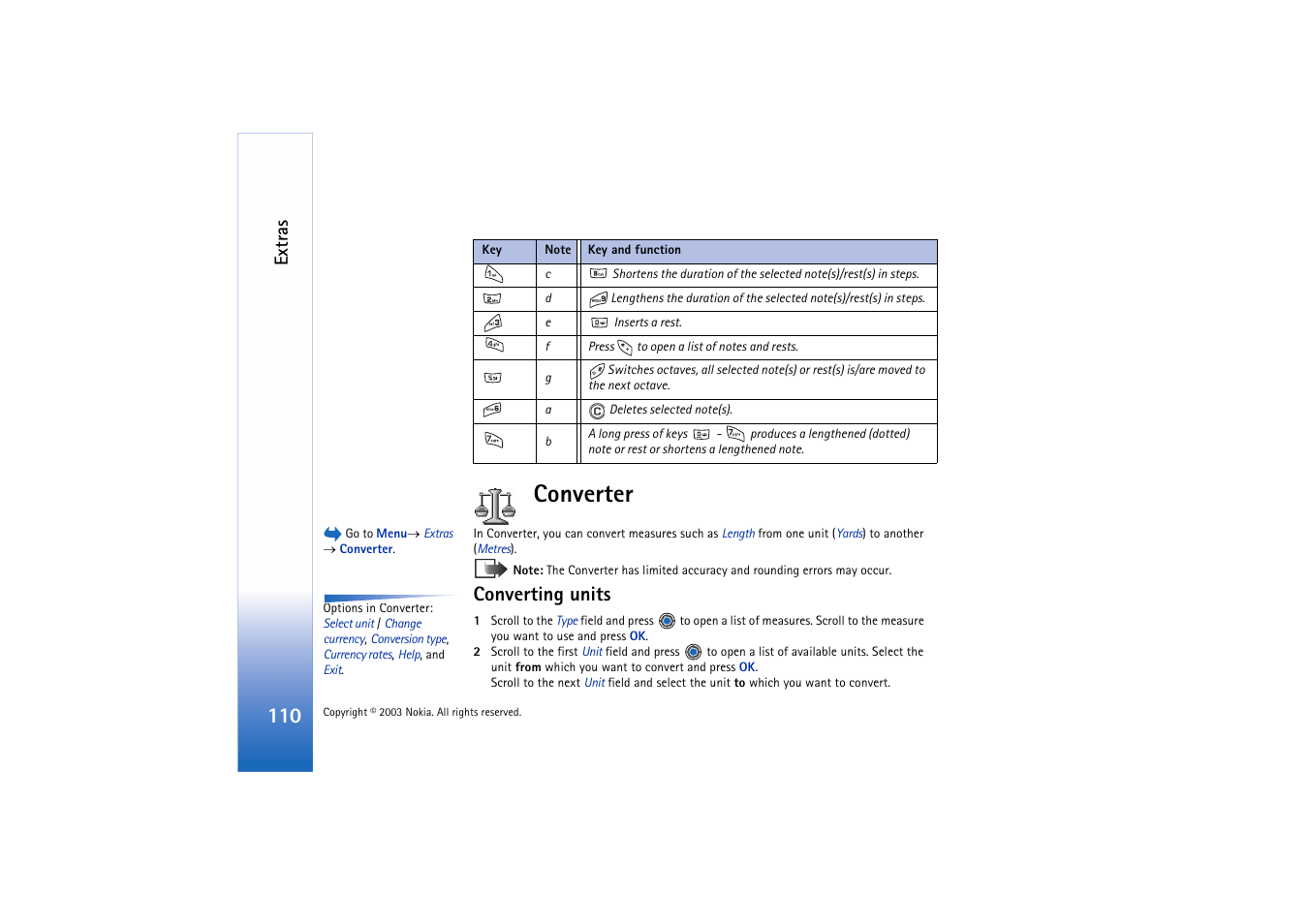 Converter, Converting units, Extras | Nokia 3660 User Manual | Page 110 / 157