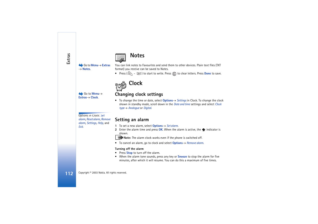 Notes, Clock, Changing clock settings | Setting an alarm, Notes clock, Extras | Nokia 3660 User Manual | Page 112 / 157