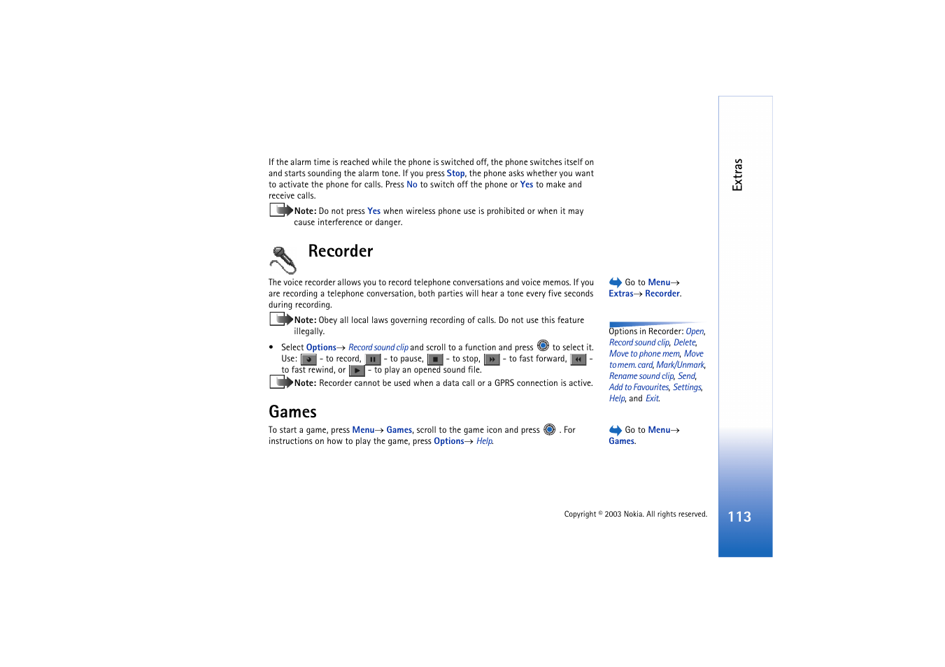 Recorder, Games, Recorder games | Extras | Nokia 3660 User Manual | Page 113 / 157