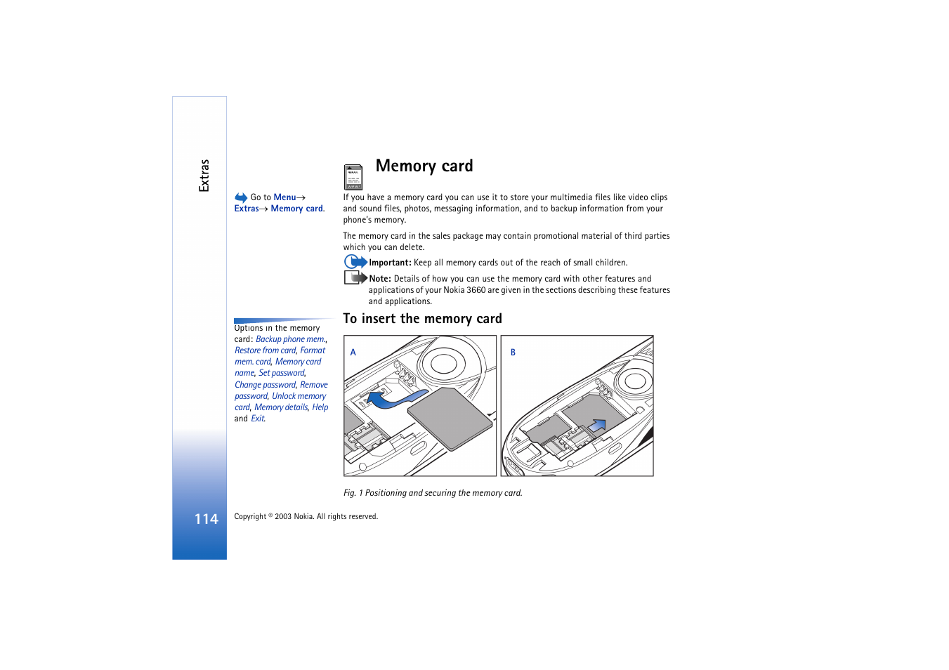 Memory card, To insert the memory card, Extras | Nokia 3660 User Manual | Page 114 / 157